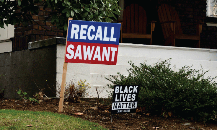 Recall Sawant yard sign next to a Black Lives Matter sign